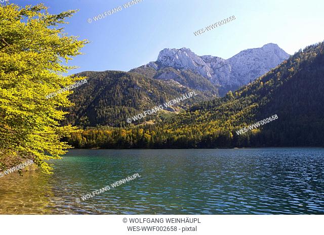 Austria, View of Langbathseen Lake and Hoellengebirge mountain in background