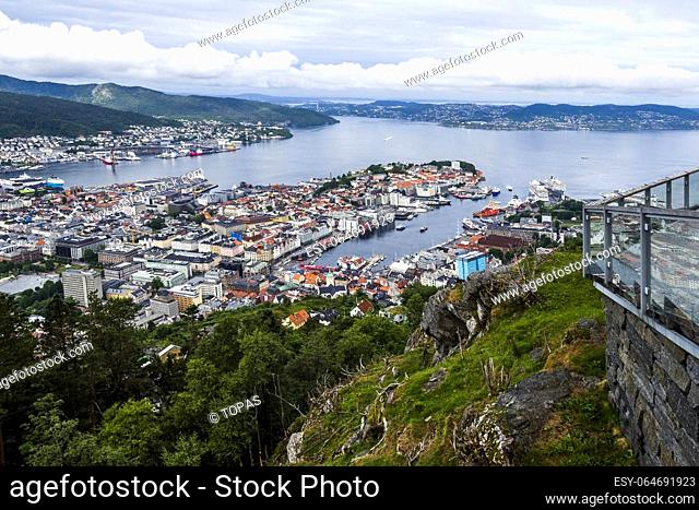 Norway, Bergen - Bird View over Bergen to the Harbour