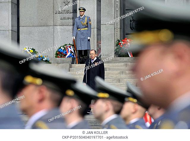 Russian Foreign Minister Sergey Lavrov speaks during a ceremony commemorating a liberation of the Slovak capital by the Red Army in 1945 in Bratislava