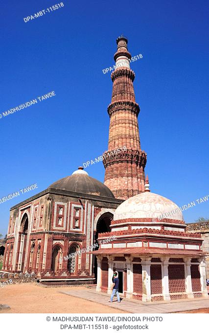 Alai Darwaza , Imam Zamin's tomb and Qutab Minar built in 1311 red sandstone tower, Indo-Muslim art , Delhi sultanate , Delhi , India UNESCO World Heritage Site