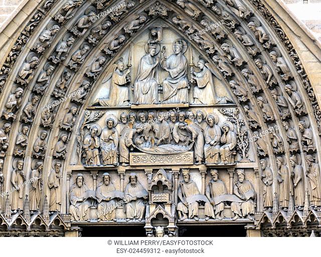 Viirgin Door Portal Biblical Statues Notre Dame Cathedral Paris France. Notre Dame was built between 1163 and 1250AD