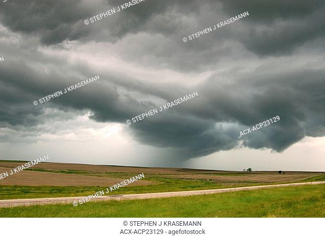 Severe thunderstorm clouds forming over farm fields in South Dakota, USA