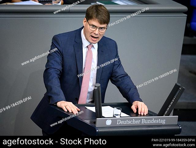 19 October 2022, Berlin: Steffen Kotré (AfD), member of the Bundestag, speaks at the beginning of the current affairs hour at the plenary session in the German...