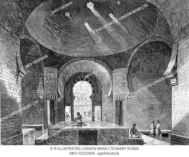 Engraving showing the 'Hararah', or hot chamber, of the Turkish Baths in Jermyn Street, London, 1862