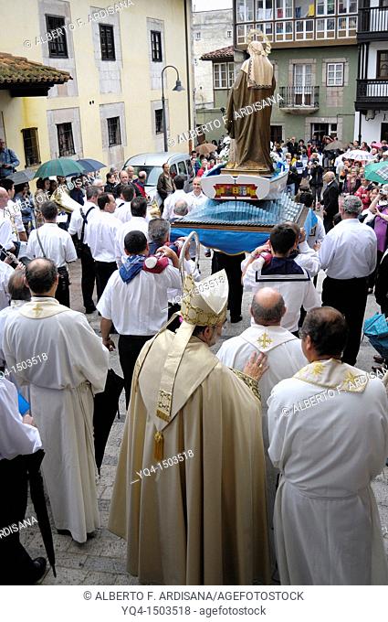 Procession of Santa Ana, Llanes, Asturias, Spain, relijiosas officials accompanying the procession