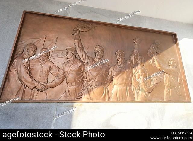 NORTH KOREA, PYONGYANG - NOVEMBER 14, 2023: A bas-relief is pictured at the Liberation Monument built in honour of Soviet soldiers