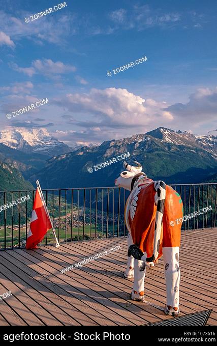 The viewing platform at Harder Kulm, provides scenic views of the city, two lakes, the river Aare and beautiful alpine peaks - Jungfrau Region, Swiss Alps