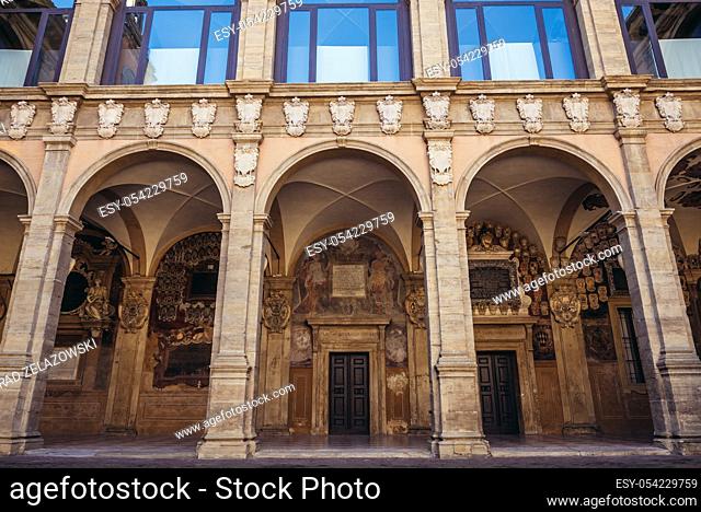 Archiginnasio of Bologna university building, oldest university in the world in Bologna, capital and largest city of the Emilia Romagna region, Italy