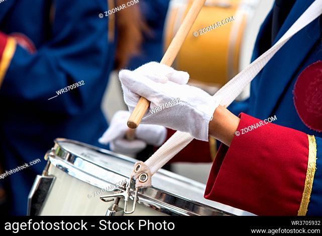 Teenage Students in Uniform playing drums during a parade for the celebrations of ochi day in Nicosia, Cyprus