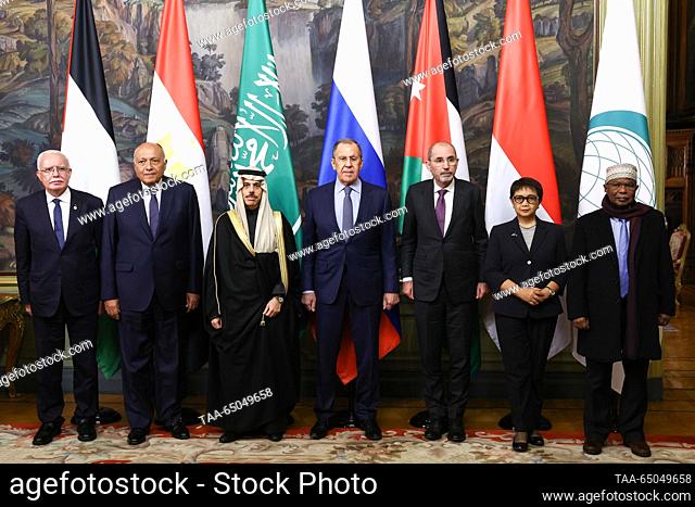 RUSSIA, MOSCOW - NOVEMBER 21, 2023: Foreign Affairs Minister of the Palestinian National Authority Riyad al-Maliki, Egypt's Foreign Minister Sameh Hassan...