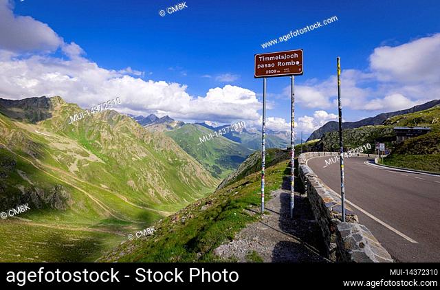 Direction signs at Timmelsjoch High Alpine Road in the Austrian Alps also called Passo Rombo