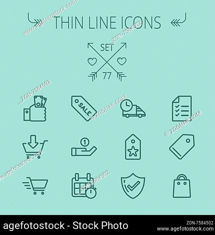 Business shopping thin line icon set for web and mobile. Set includes- sale tag, calendar with stopwatch, cash on hand, fast delivery, checklist, empty tag
