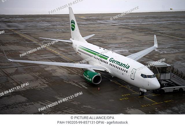 dpatop - 05 February 2019, Saxony, Dresden: An aircraft of the airline Germania is standing on the tarmac at Dresden Airport