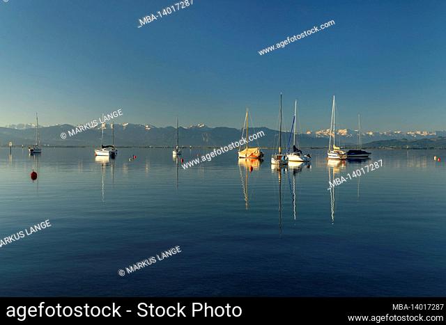 view over lake constance to the alps, bavaria, germany