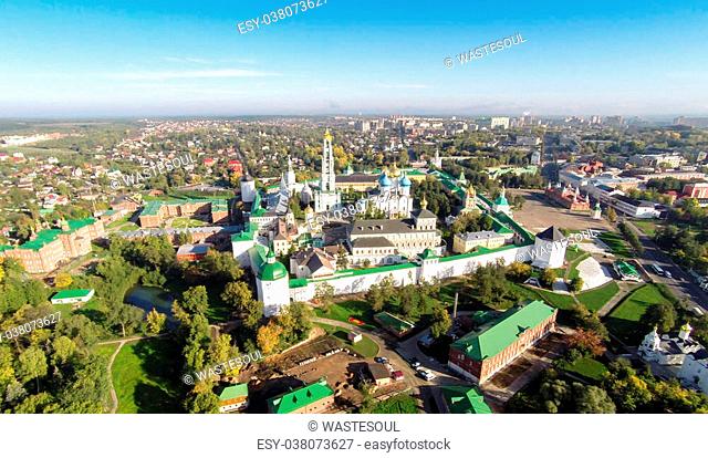 Aerial panoramic view the Trinity Lavra of St. Sergius in Sergiev Posad, Russia
