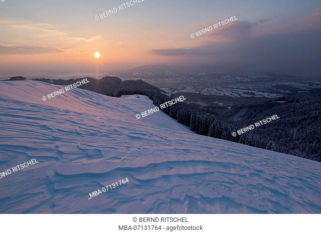 morning mood on the Zwiesel with a view to the Schnaiteralm, close Bad Tölz, Bavarian Alps, Bavaria, Germany