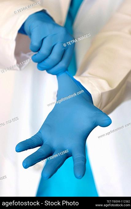 Person putting on blue surgical gloves