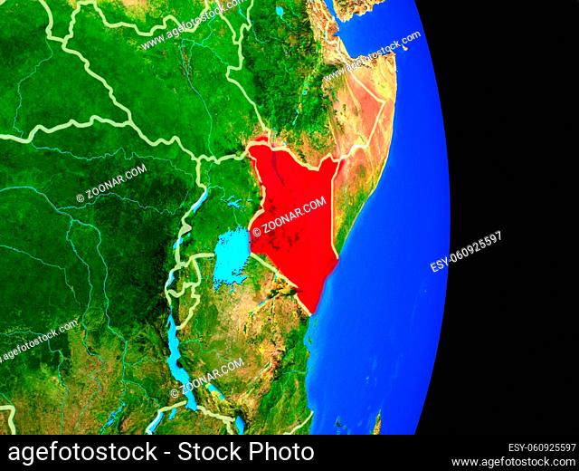 Kenya on realistic model of planet Earth with country borders and very detailed planet surface. 3D illustration. Elements of this image furnished by NASA