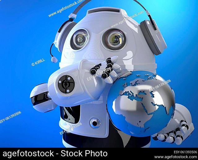 3d Robot operator in headset with globe. Globall support concept. Contains clipping path