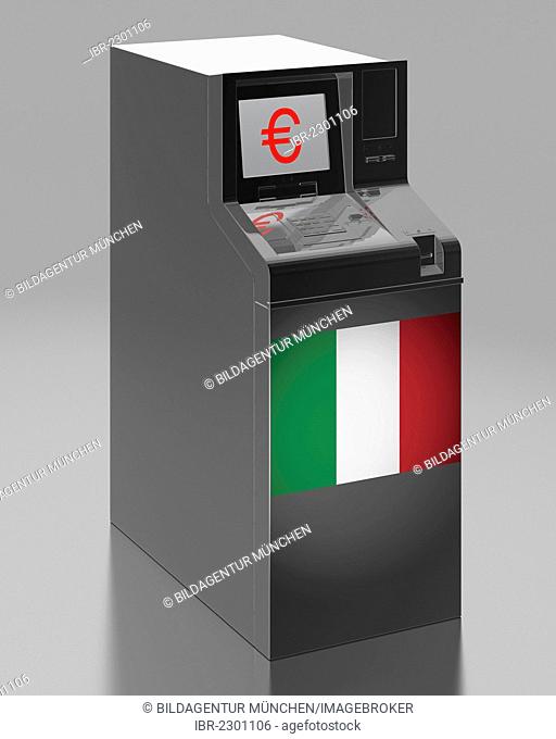 ATM with an Italian flag, symbolic image for the euro rescue package, illustration