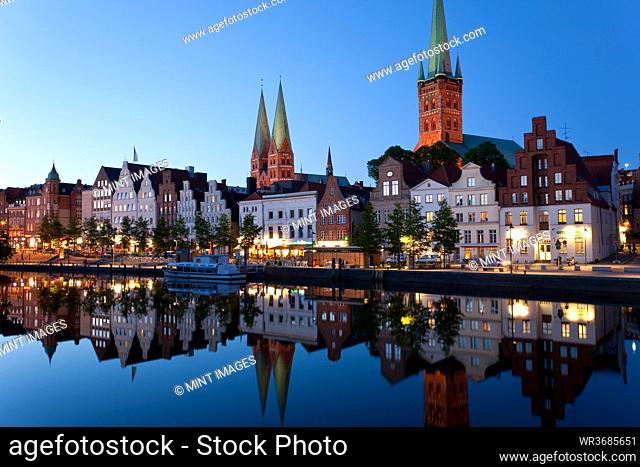 Old town and River Trave at Lubeck, St. Mary's and St. Peters Churches left and right