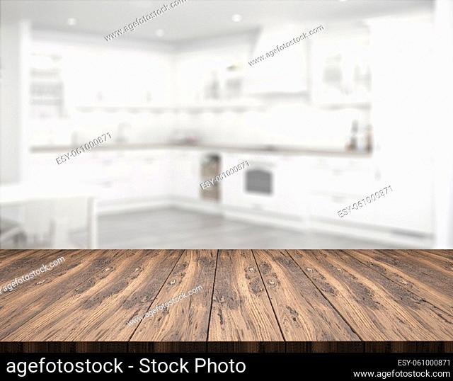 wooden table top in front of blurred kitchen - Illustration