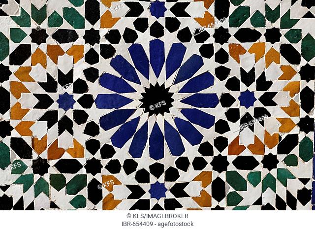 Beautiful star-shaped wall mosaic, Palais de la Bahia, historic Medina quarter, Marrakesh, Morocco, Africa