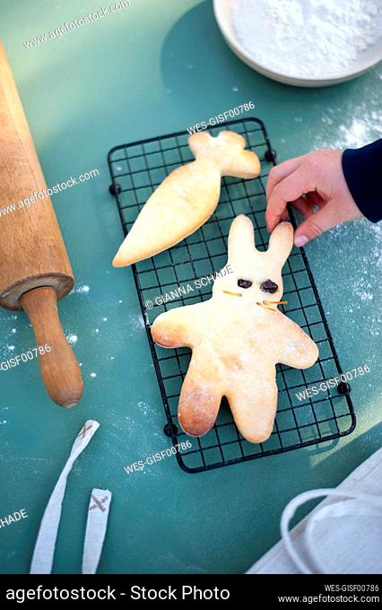 Baked easter bunny and carrot cookies on cooling rack