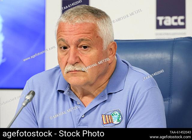 RUSSIA, MOSCOW - AUGUST 28, 2023: Russian cosmonaut Fyodor Yurchikhin gives a press conference on Lake Baikal Day celebrated this year on September 3