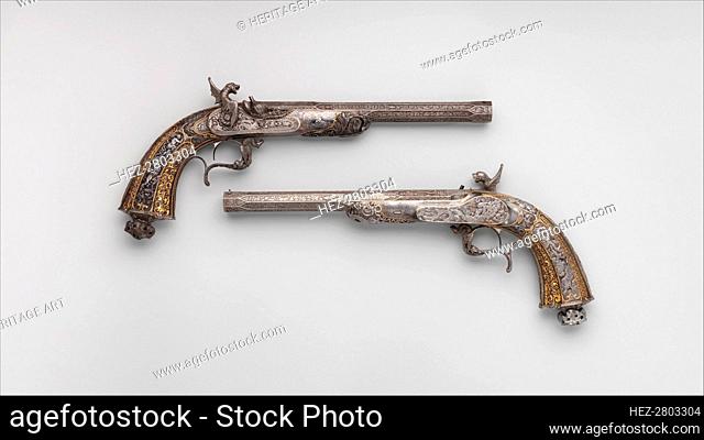 Two Percussion Exhibition Pistols, French, dated 1849 and 1851. Creators: Lepage Moutier, Antoine Vechte, Léopold Bernard