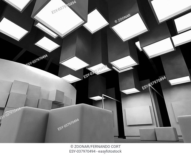 medicine, open space, clean room with shapes in 3d, business space and work