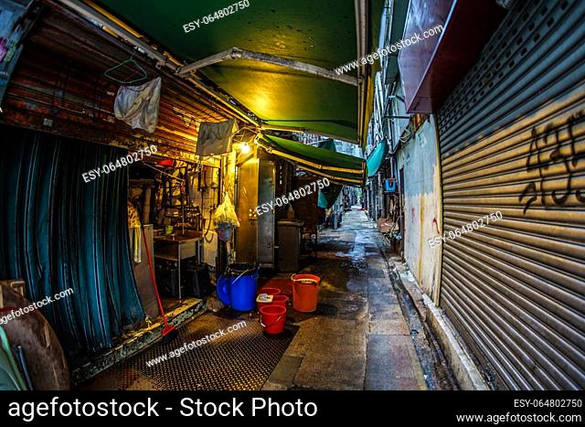 Back of the street of the city of Hong Kong. Shooting Location: Hong Kong Special Administrative Region