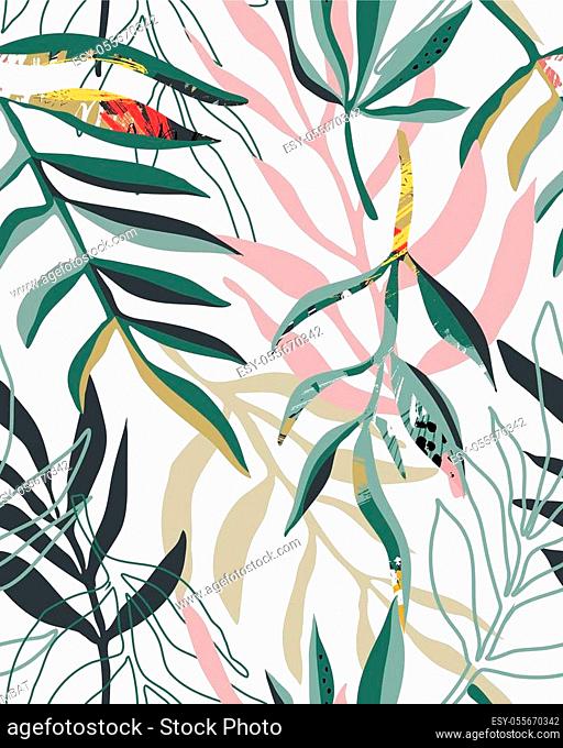 Vector trendy creative summer seamless patterns with floral exotic tropical elements, palm leaves in graphic abstract style