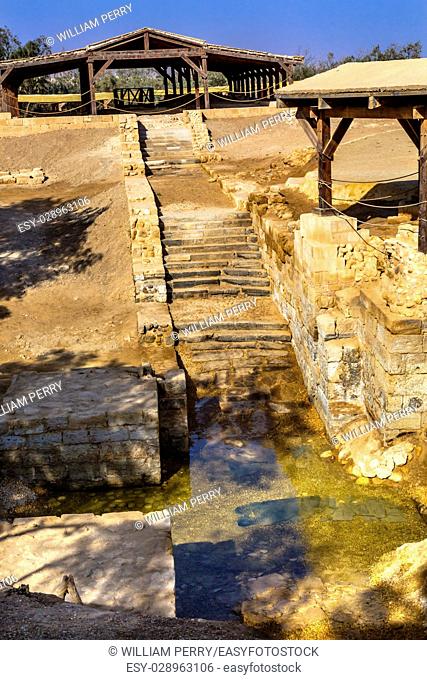 Jesus Baptism Site John Baptist Bethany Beyond Jordan. Actual baptism site of Jesus. Jordan River Moved and Ruins are of Byzantine Churches marking spot of...