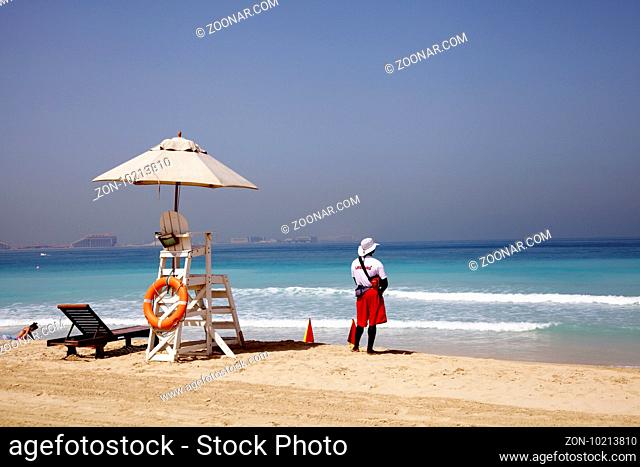 Lifeguard watching the sea at Jumeirah Beach, Dubai, UAE, Asia