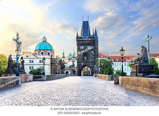 Charles Bridge leading to the Old Town Bridge Tower and St. Francis of Assisi Church, Prague, no people