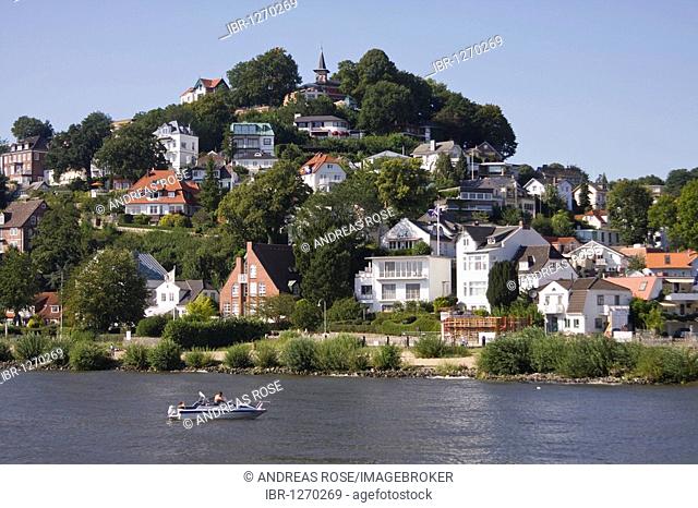 View on the Suellberg hill overlooking the river Elbe in the suburb of Blankenese in Hamburg, Germany, Europe