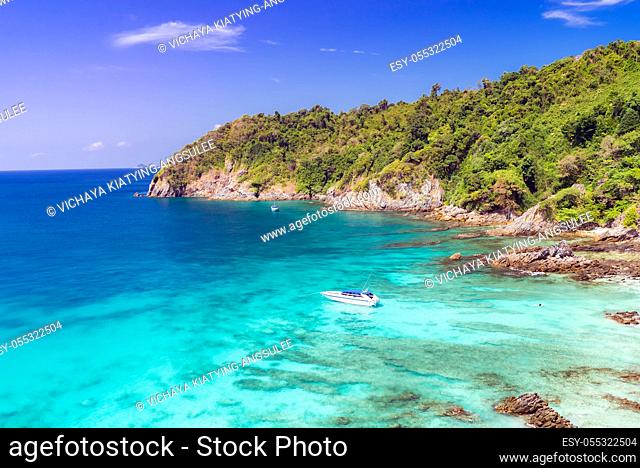 Aerial View point of Tropical white sand beach and snorkel point at cockburn island andaman sea indian ocean Myanmar and Thailand