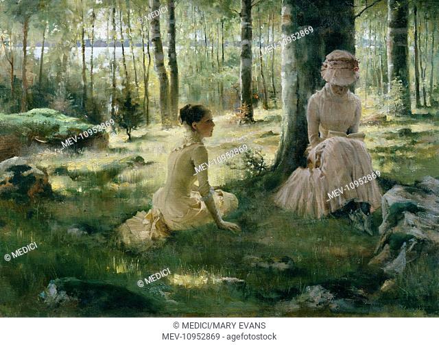 Under the Birches' – two young women sitting under a tree, one reading a book, in woodland (signed and dated 'Paris 1882')