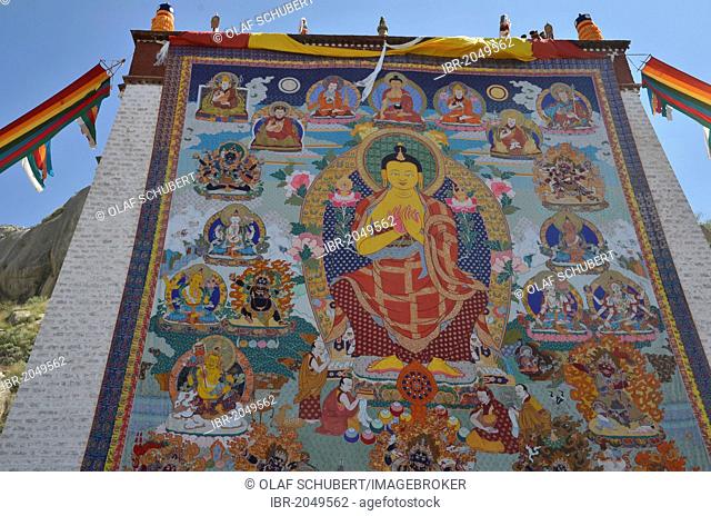 Tibetan Buddhism, religious fabric, large Thangka of Sera, a giant Buddha image is unfurled during the Shoton, Sho Dun or Yoghurt Festival, Sera Monastery