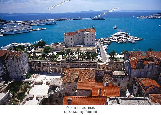 High angle view of buildings at coast, Split, Dalmatia, Croatia