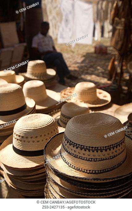 Straw hats on the market stall, Trinidad, Sancti Spiritu Province, Cuba, Central America