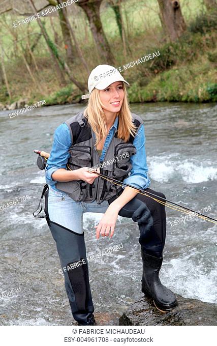 Woman fly-fishing in river