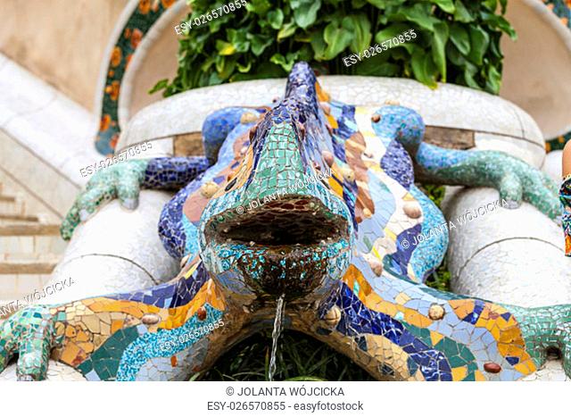 Gaudí's multicolored mosaic salamander in Park Guell, Barcelona , Spain
