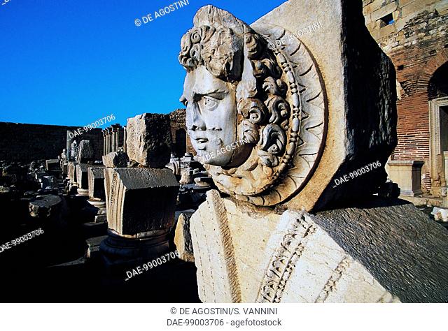 Relief with the head of Medusa, Severan Forum, Roman city of Leptis Magna (Unesco World Heritage List, 1982), Tripoli, Libya. Roman civilisation