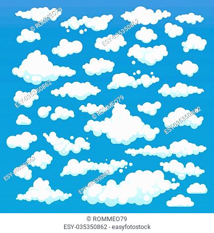 Cartoon Clouds Set On Blue Sky Background. Set of funny cartoon clouds, smoke patterns and fog icons, for filling your sky scenes or ui games backgrounds