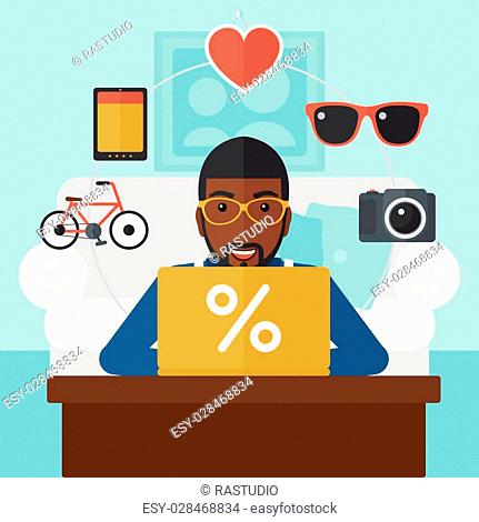An african-american man sitting in front of laptop with some icons of goods around him on the background of living room vector flat design illustration