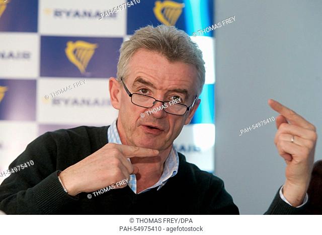 Michael O'Leary, CEO of the Irish low-cost airline Ryanair, speaks at a press conference at Hahn Airport in Lautzenhausen,  Germany, 13 January 2015