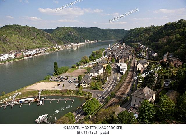 View from Burg Rheinfels Castle over St. Goar, Rhein-Hunsrueck district, Rhineland-Palatinate, Germany, Europe