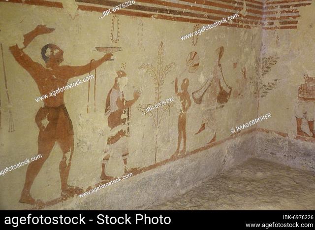 Tomba Cardarelli burial chamber with frescoes from the 6th century BC, Etruscan Monterozzi Necropolis, Tarquinia, Viterbo province, Lazio Latium region, Italy